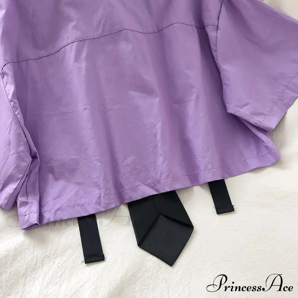 Pants Ribbon Autumn Blouse & Short-Sleeved High-Waist Streetwear Loose Cargo Straight Set