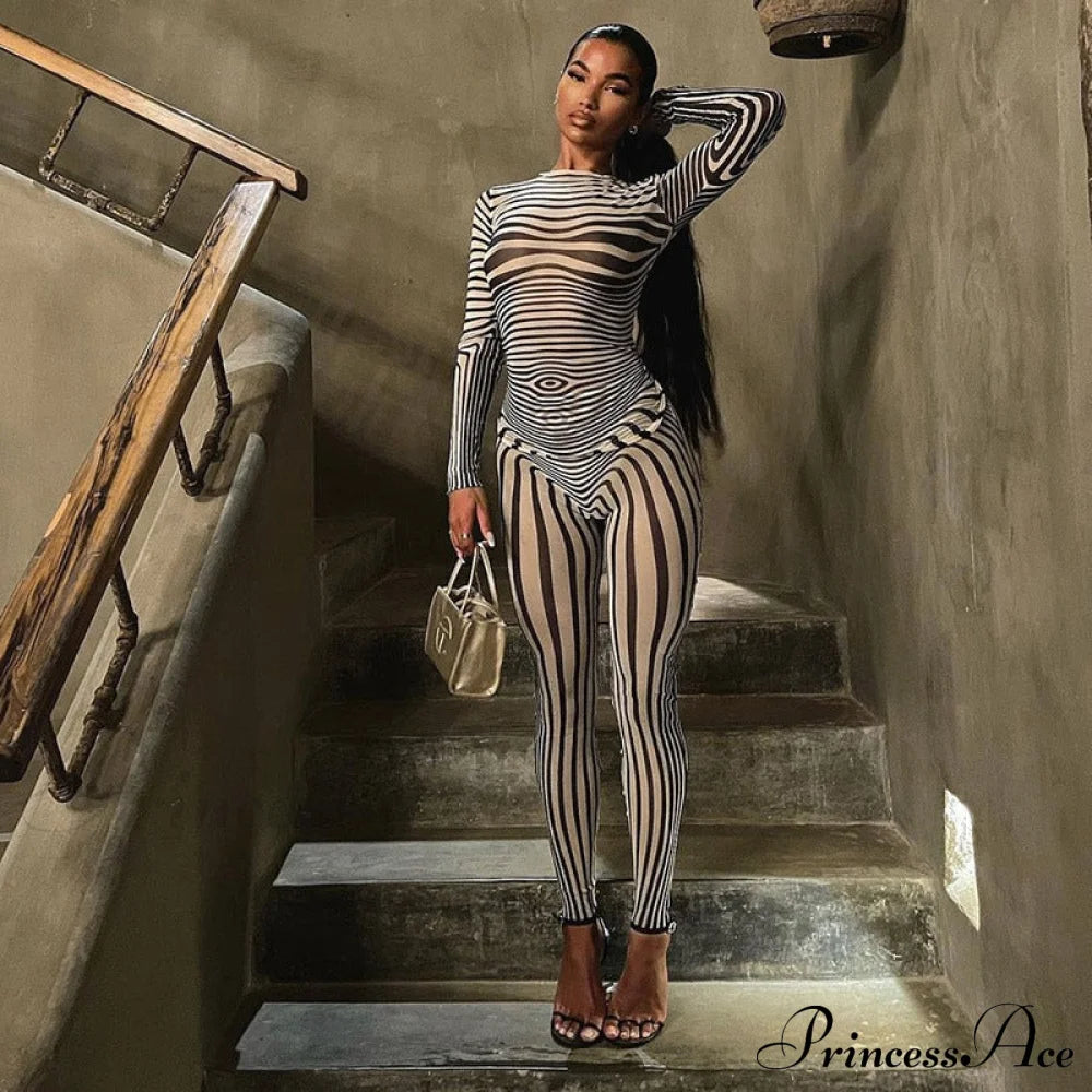 Pants Suit Sexy Costume Zebra Co-Ord Striped Tracksuit For Mesh + Set 2 T-Shirt Piece Long Autumn