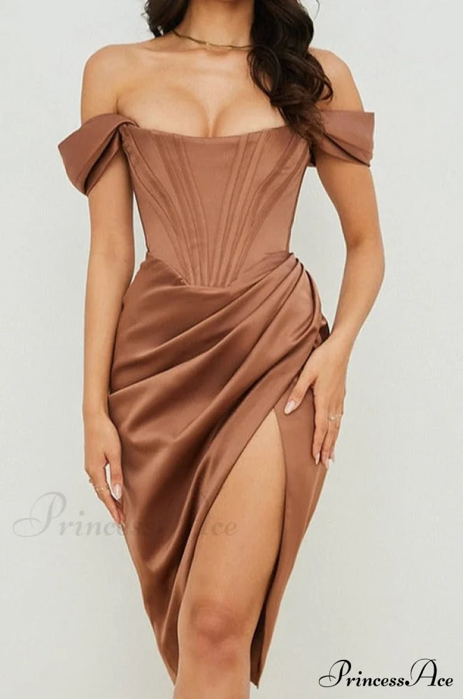 Party Midi Evening Bodycon Cb Women Celebrity Club Gown Of House Satin Dress Brown Bone Dress / Xs