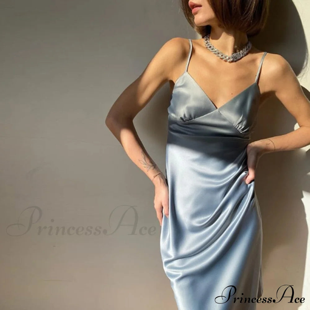 Party Pajamas Elegant Satin Neck Deep Women’s Sexy V Dress Blue / S