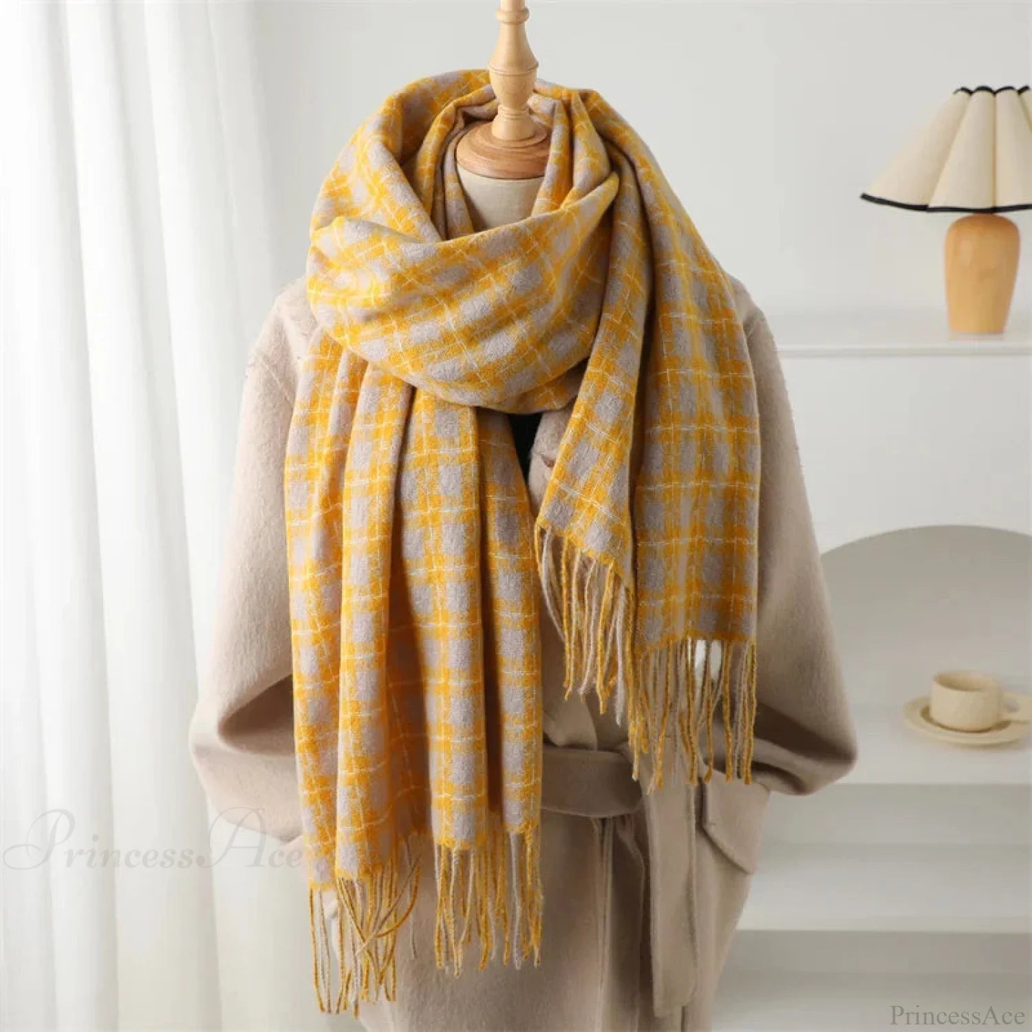 Pashmina Tassel Plaid Cashmere-Like Warm Shawl Scarf Yellow Scarfs-L