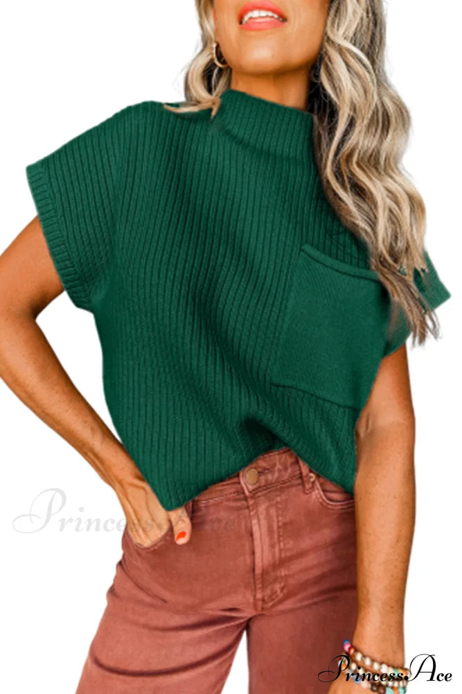 Patch Ribbed Knit Pocket Arm Black Brief Green Sweater Tops