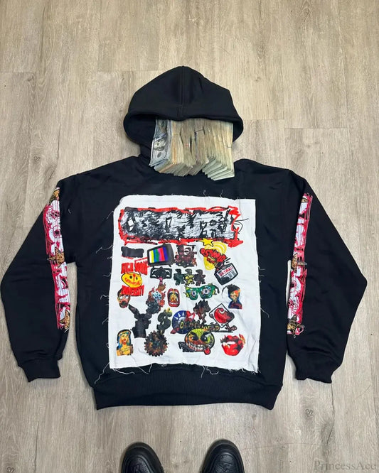 Patched Pullover Sweatshirt Hoodie black 1 / S