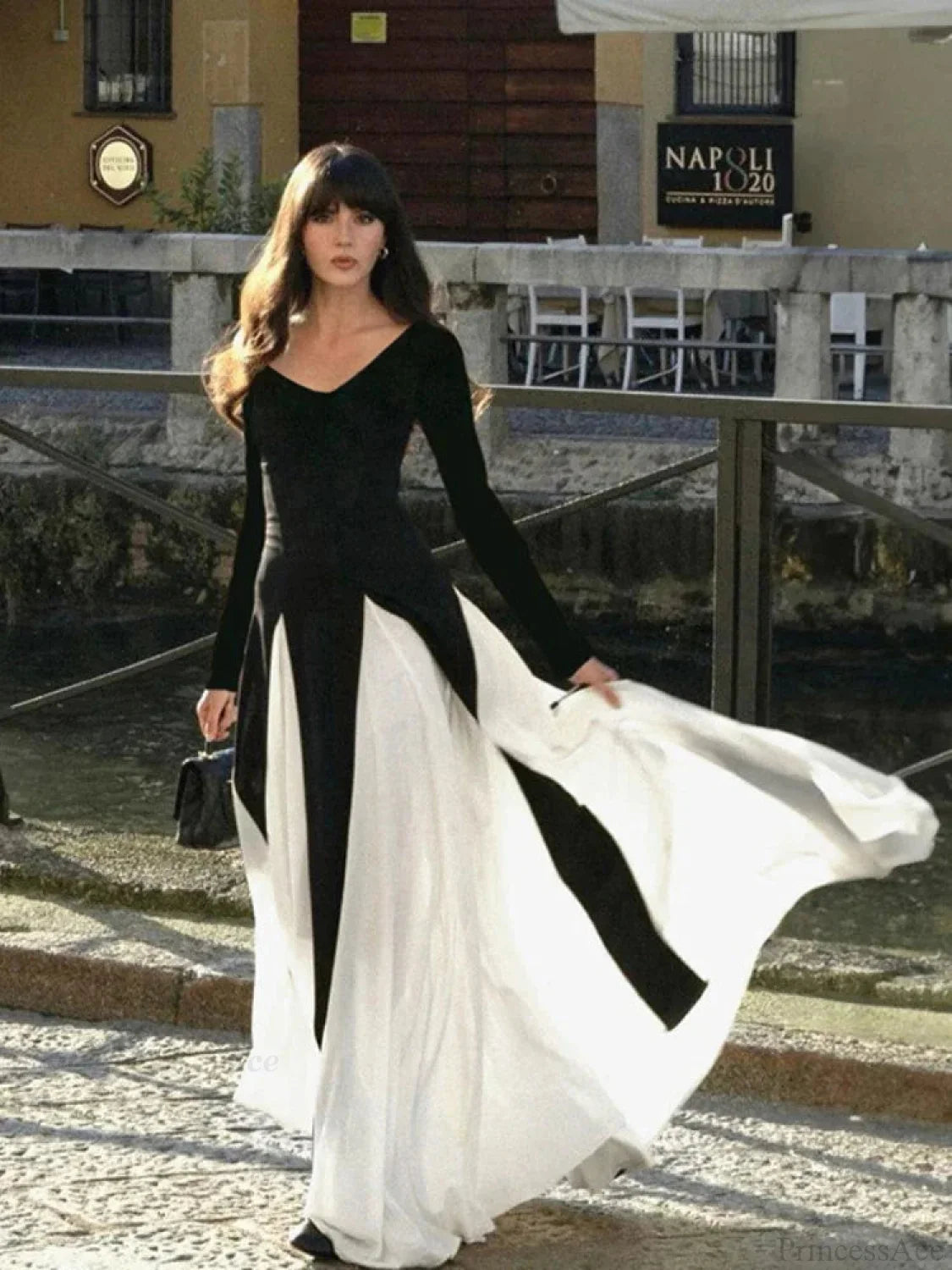 Patchwork Border Long Sleeve Full-Length Dress