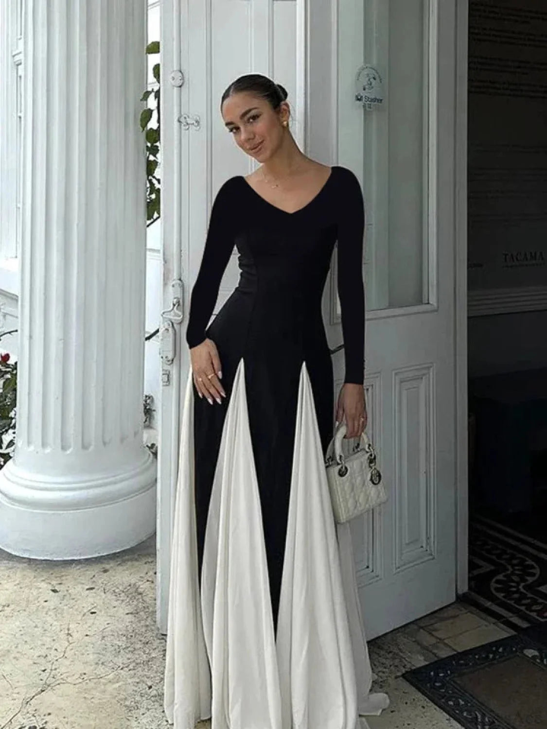 Patchwork Border Long Sleeve Full-Length Dress