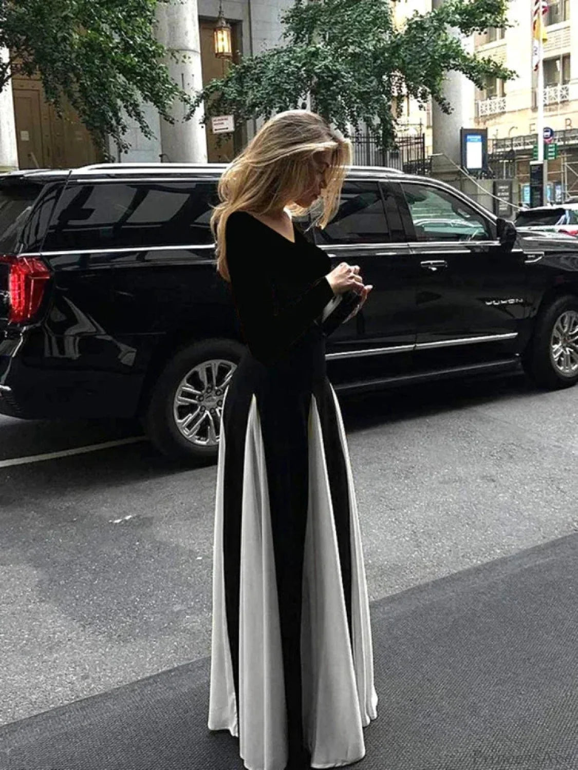 Patchwork Border Long Sleeve Full-Length Dress