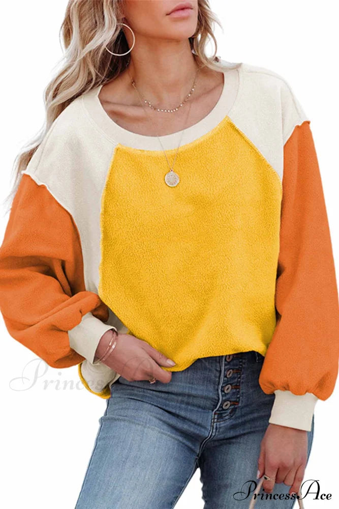 Patchwork Fleece Long Sleeve Sweatshirt Orange / S Sweatshirts