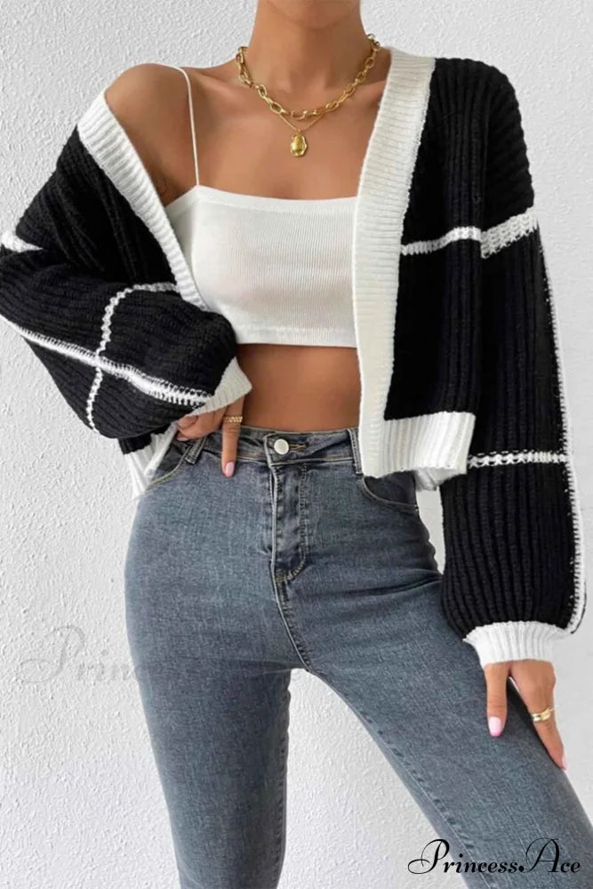 Patchwork Knit Long Sleeve Open-Front Cardigan Black / M Cardigans