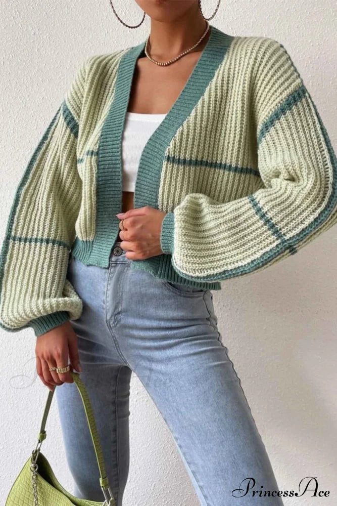 Patchwork Knit Long Sleeve Open-Front Cardigan Green / L Cardigans