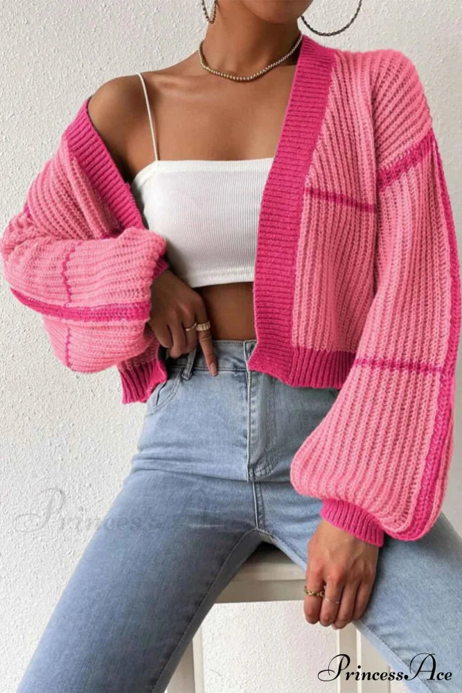 Patchwork Knit Long Sleeve Open-Front Cardigan Pink / S Cardigans