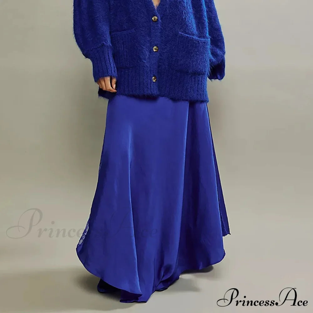 Patchwork Lace Midi Low Waist Summer Skirt Blue / S