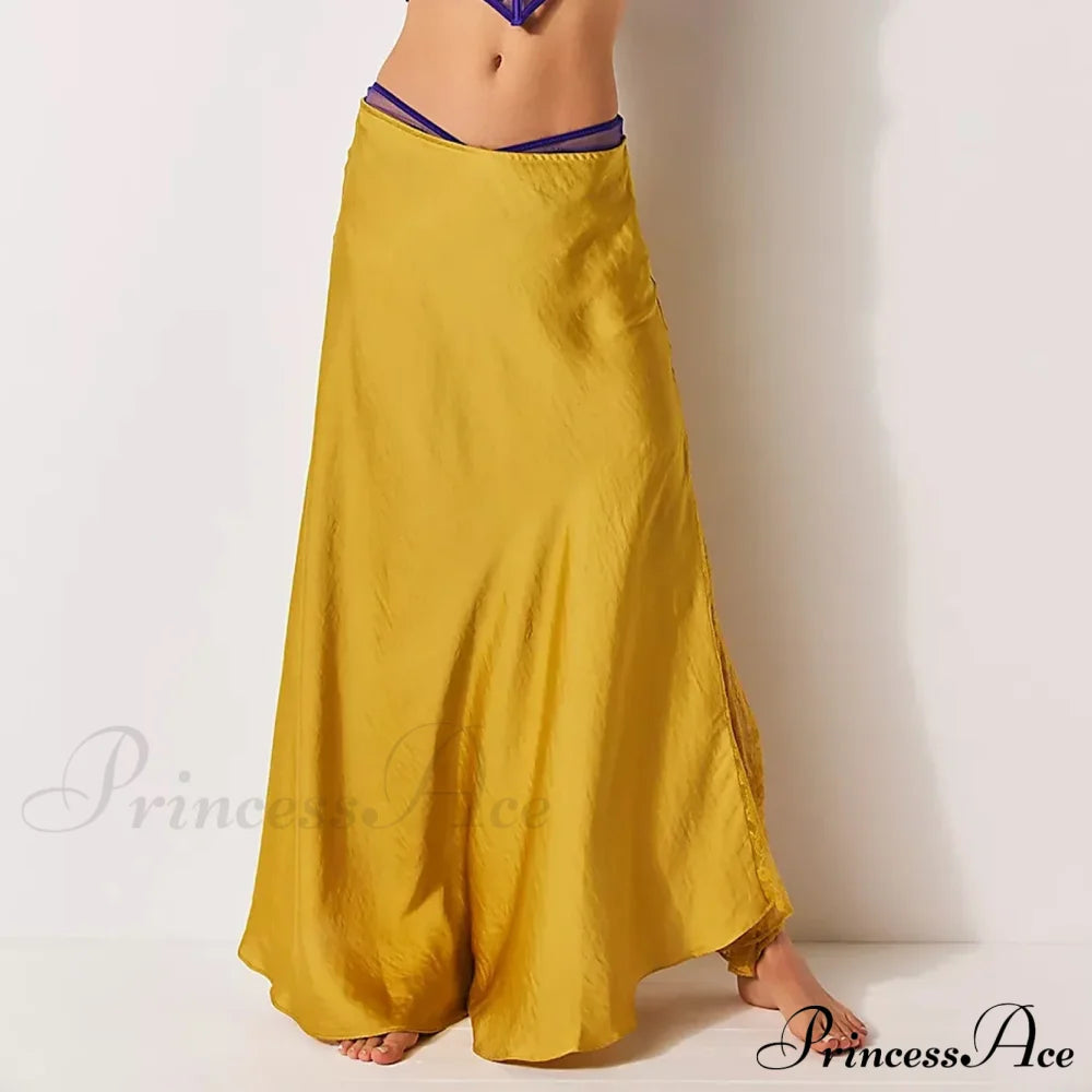 Patchwork Lace Midi Low Waist Summer Skirt Yellow / S