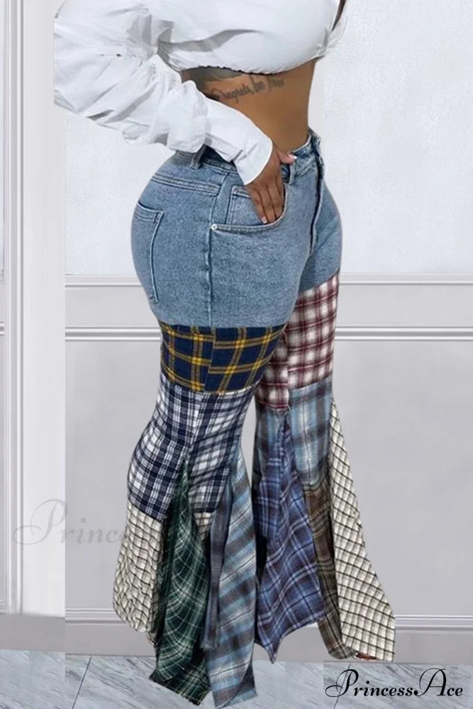 Patchwork Mid-Waisted Flares Jeans Light Blue / Xl Pants