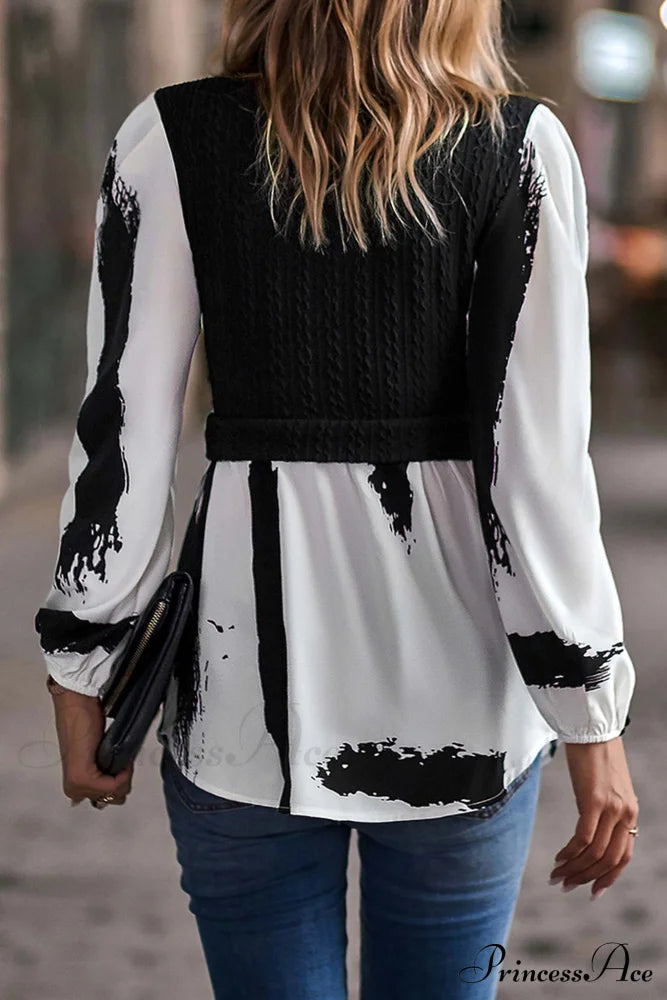 Patchwork Mock Neck Knit Shirt Tops Black / Xl Blouses