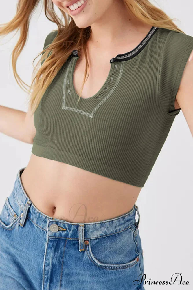 Patchwork Neck U Solid T-Shirt Army Green / S Tops/Tees & T-Shirts