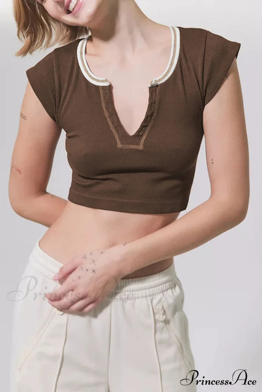 Patchwork Neck U Solid T-Shirt Coffee / S Tops/Tees & T-Shirts