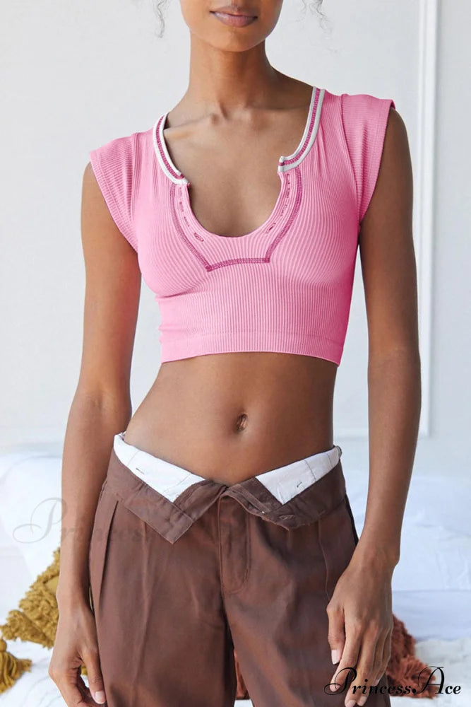 Patchwork Neck U Solid T-Shirt Pink / S Tops/Tees & T-Shirts