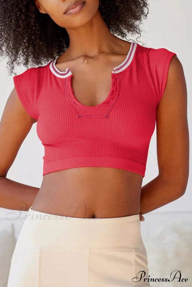 Patchwork Neck U Solid T-Shirt Red / S Tops/Tees & T-Shirts