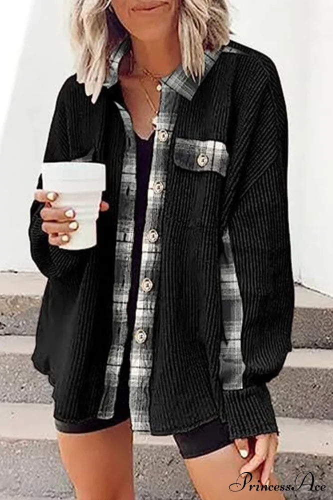 Patchwork Plaid Blouse With Irregular Hem Black / Xl Blouses