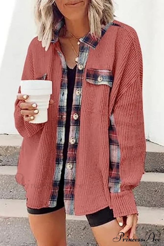 Patchwork Plaid Blouse With Irregular Hem Brick Red / Xl Blouses