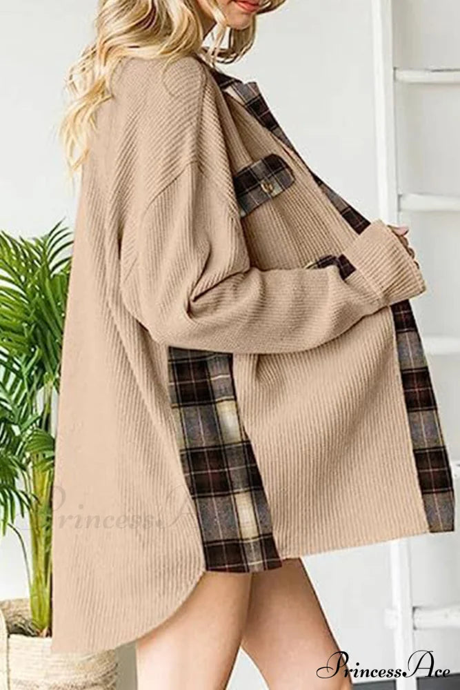 Patchwork Plaid Blouse With Irregular Hem Khaki / L Blouses
