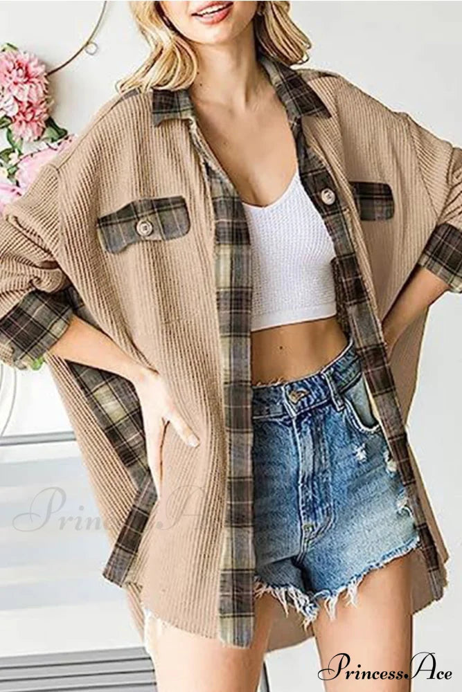 Patchwork Plaid Blouse With Irregular Hem Khaki / S Blouses