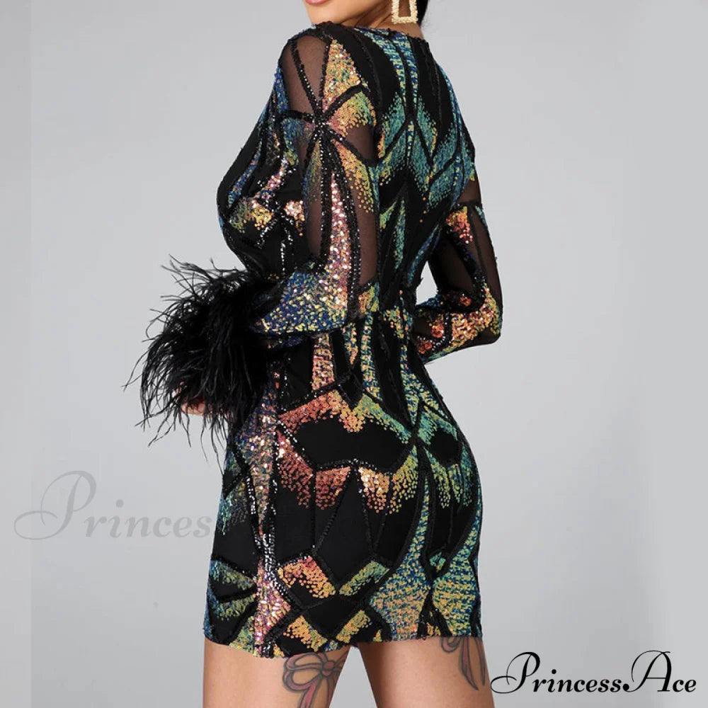 Patchwork Print Skinny Ostrich Feather Sequins Party Dress M / Black Dresses