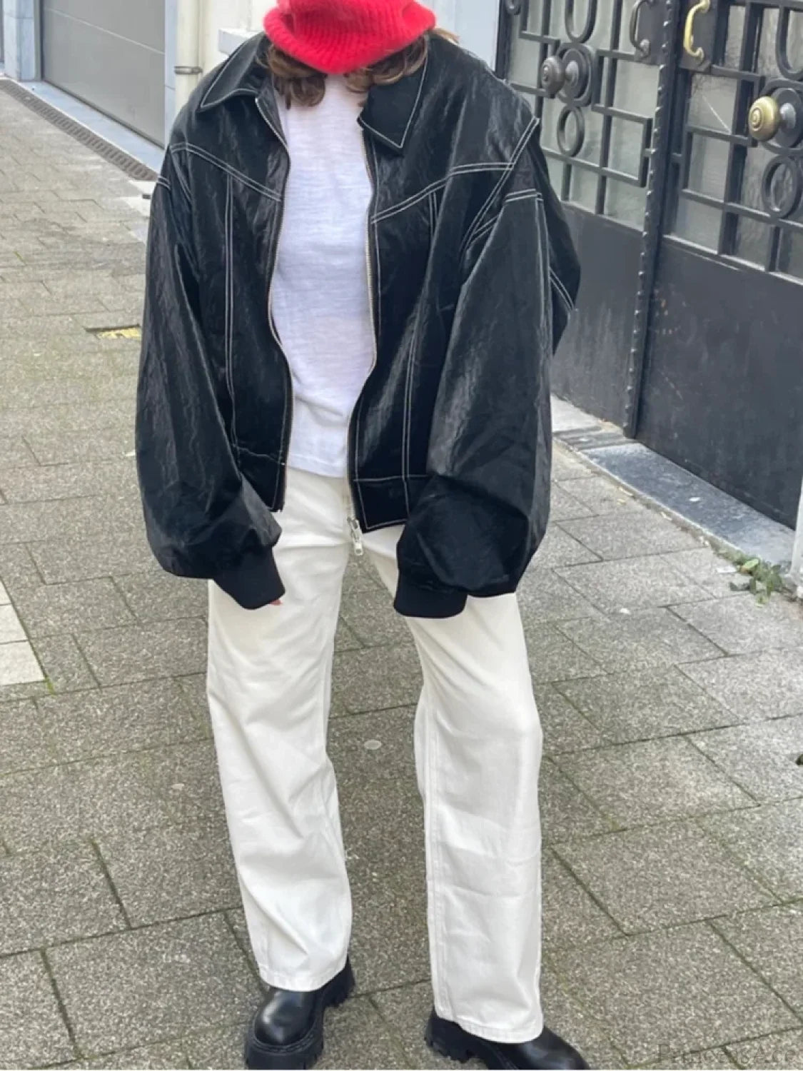 Patchwork PU Leather Short Coat Dark blue / S