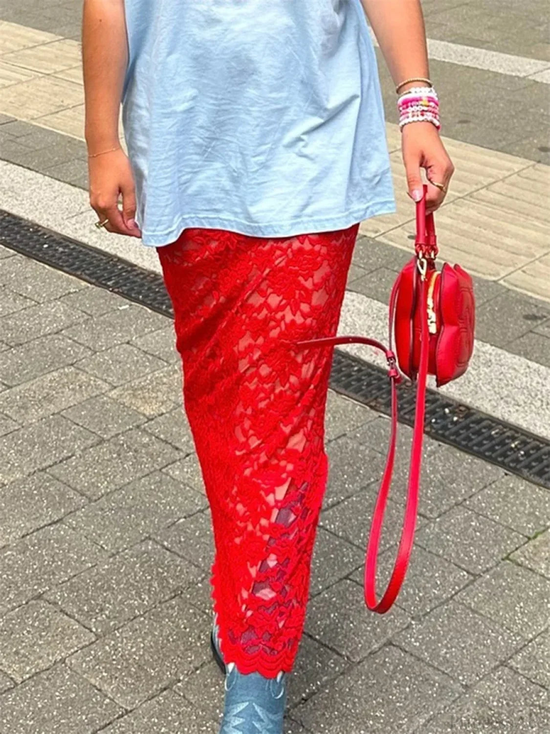 Patchwork See-Through Maxi Skirt Red / S skirts-250223