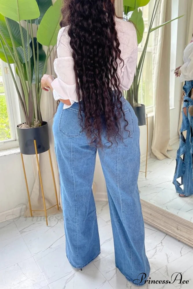 Patchwork Solid High Denim Waist Jeans Denim/Jeans
