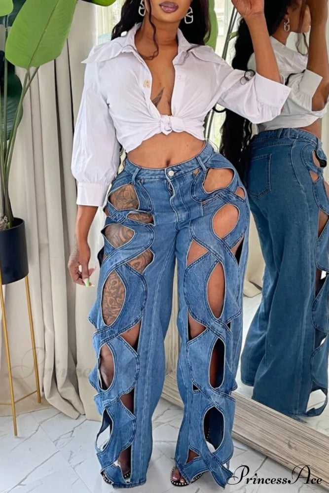 Patchwork Solid High Denim Waist Jeans Denim/Jeans