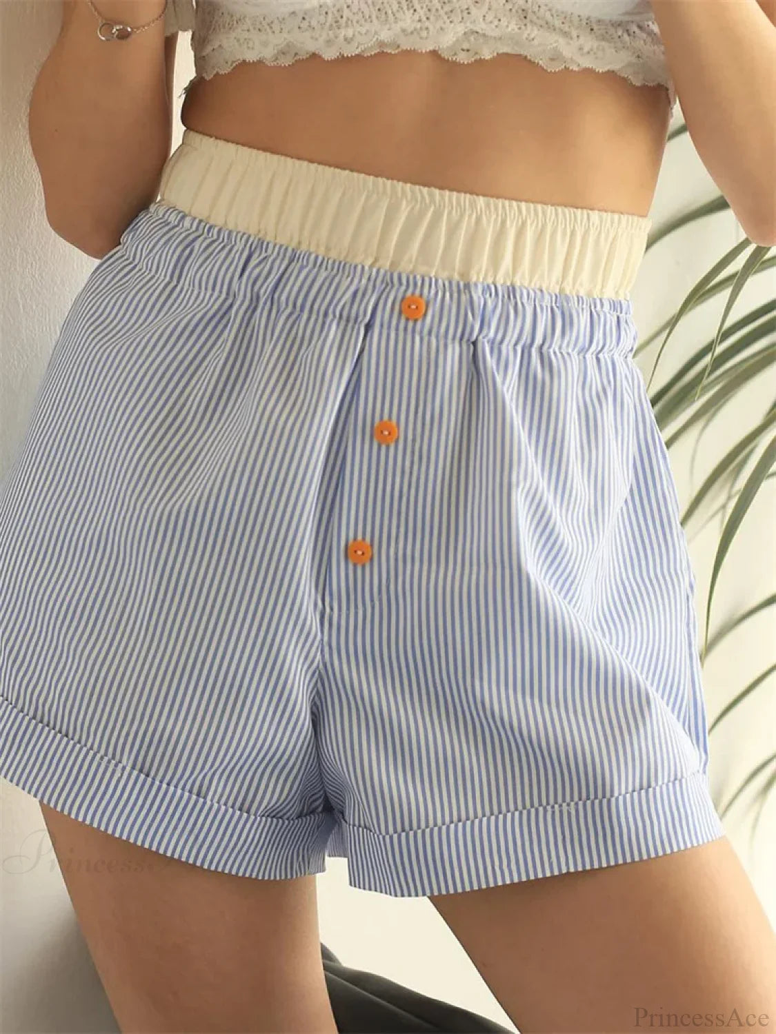 Patchwork Striped Elastic Waist Short sky blue / S short-250223