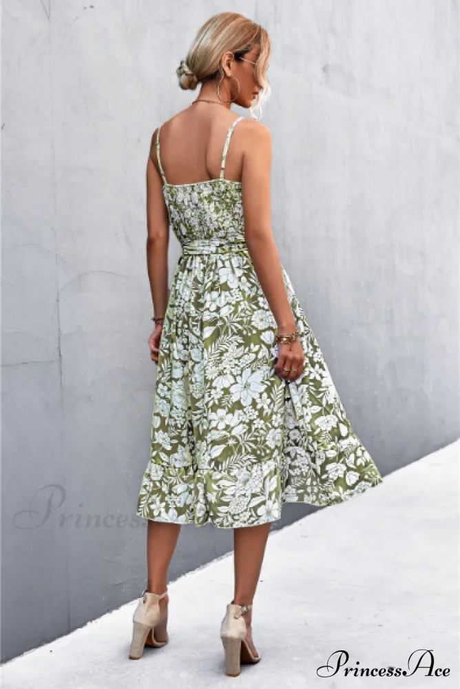 Patterned Sling Strap Flounce Dress