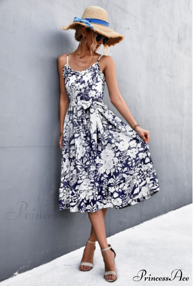 Patterned Sling Strap Flounce Dress L / Light Blue