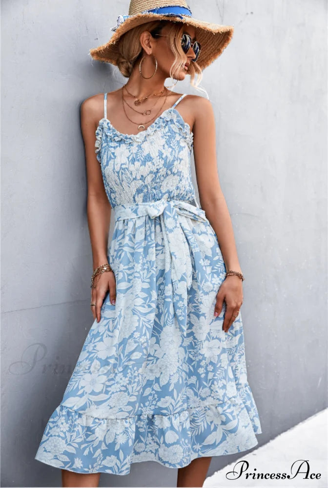 Patterned Sling Strap Flounce Dress S / Dark Blue
