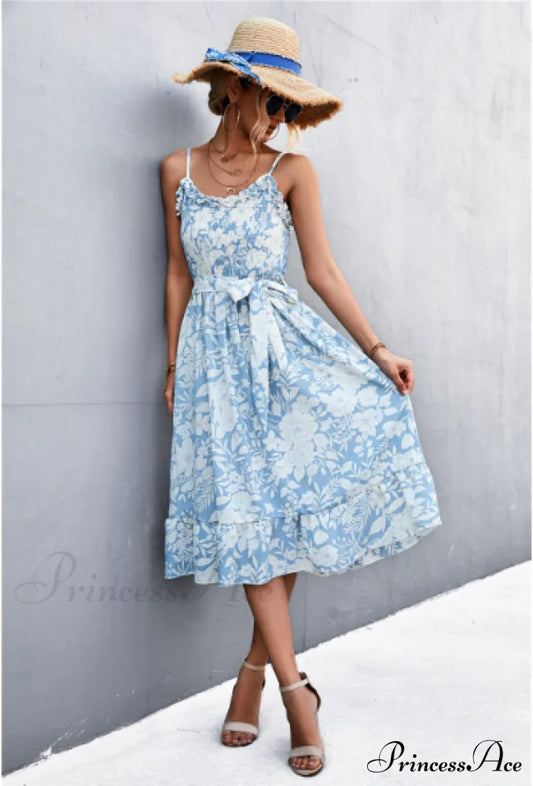 Patterned Sling Strap Flounce Dress S / Light Blue