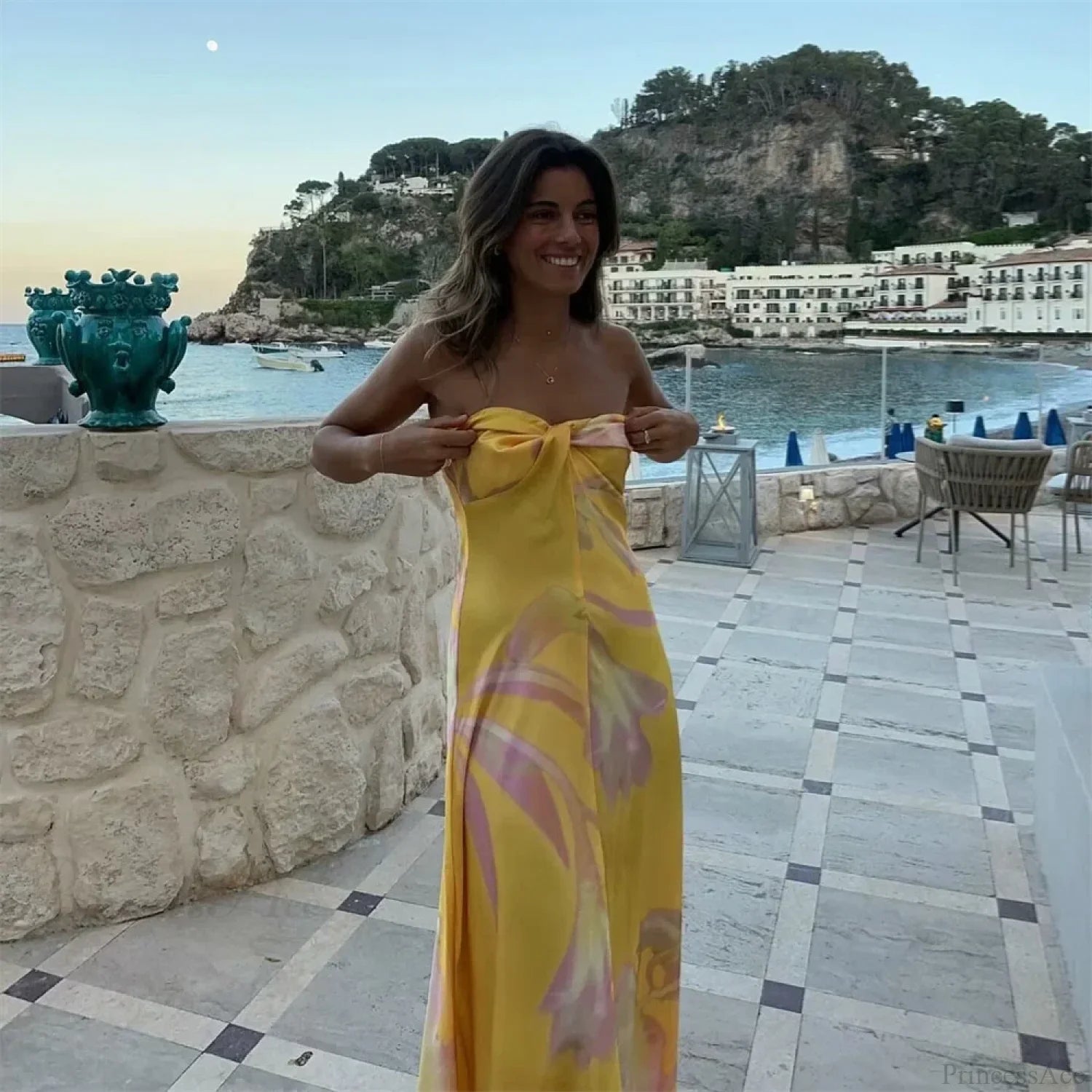 PB&ZA Satin Printed Strapless Vacation Dress vacationdress-250223