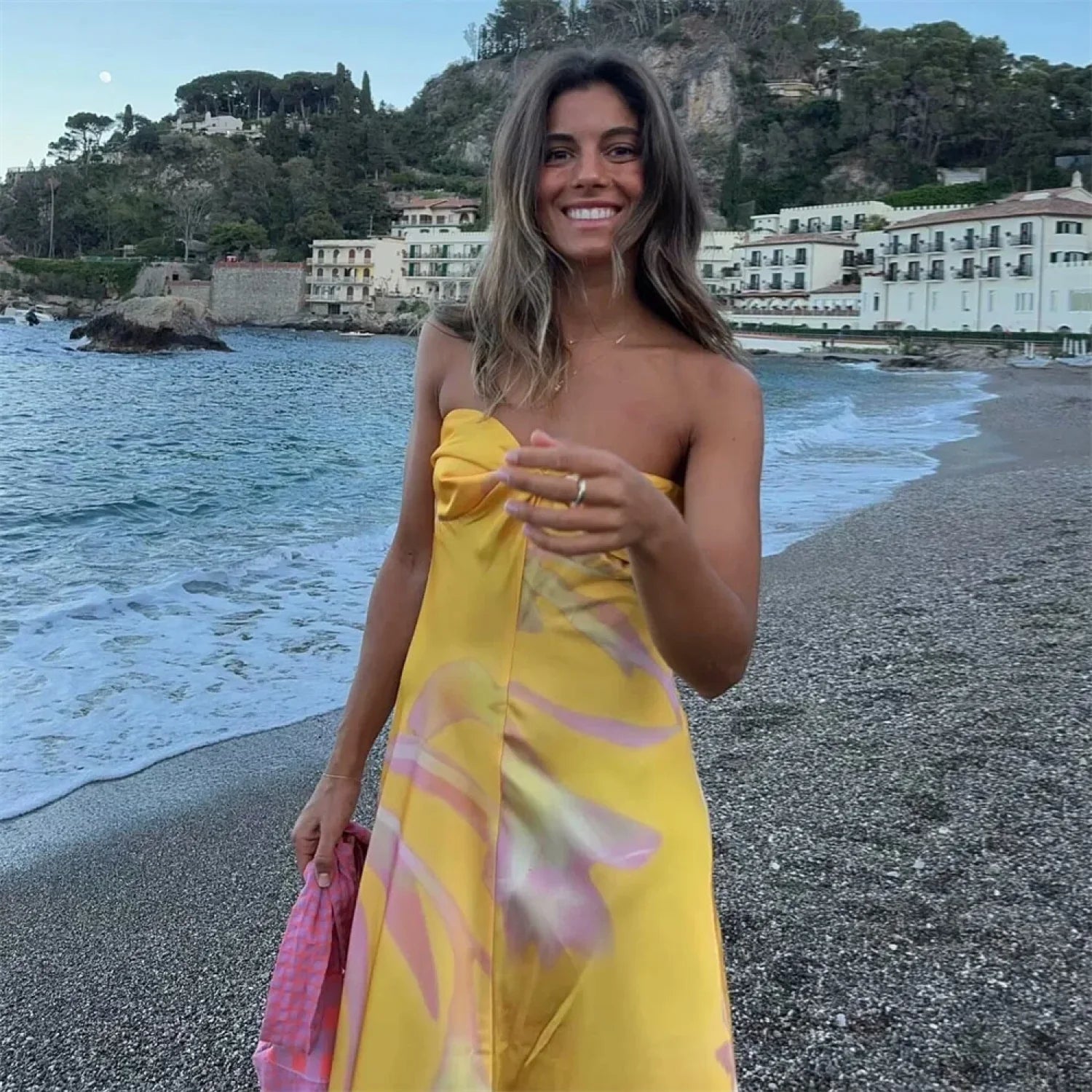 PB&ZA Satin Printed Strapless Vacation Dress vacationdress-250223