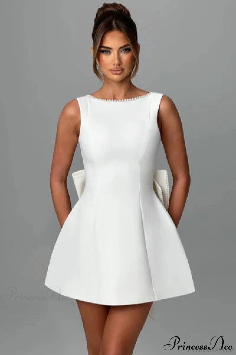 Pearl Bow Open-Back Edgy Short Party Dress White / S