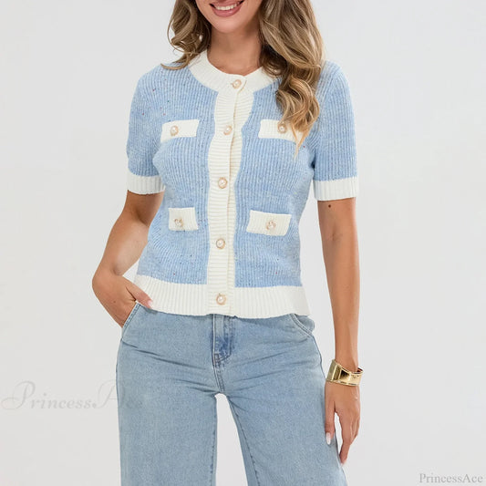 Pearl Button Short Sleeve Cardigan Blue / S Cardigan-241208