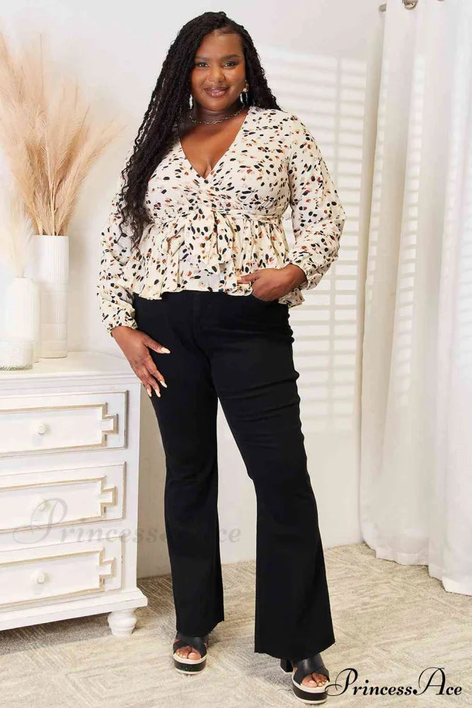 Peplum Plunge Patterned Tied Blouse