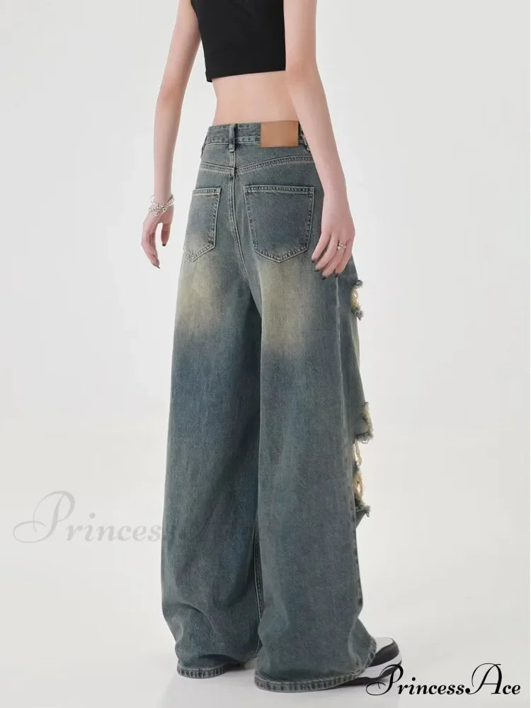 Perforated Women’s Summer New Ins Fashion Brand Straight Tube Loose Sweeping High Street Jean