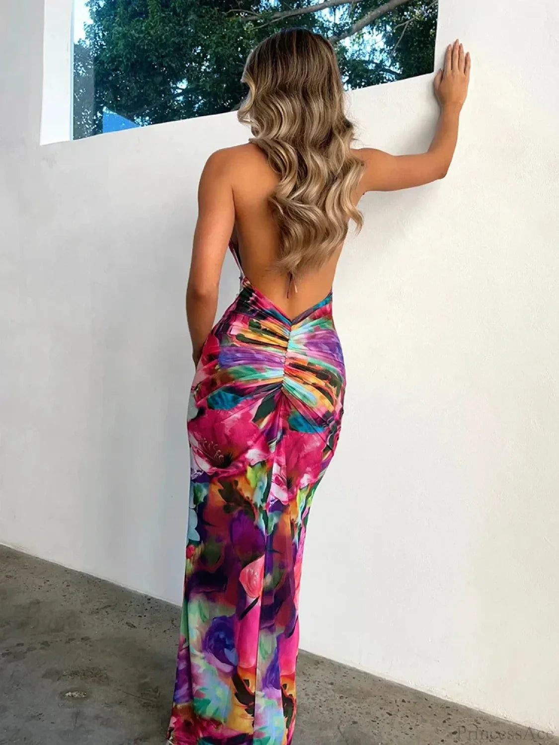 Perspective Print Halter Maxi Vacation Dress vacationdress-250223