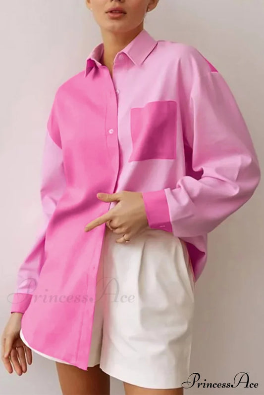Pink Button-Up Long Sleeve Blouse With Lapel Pocket / S Blouses