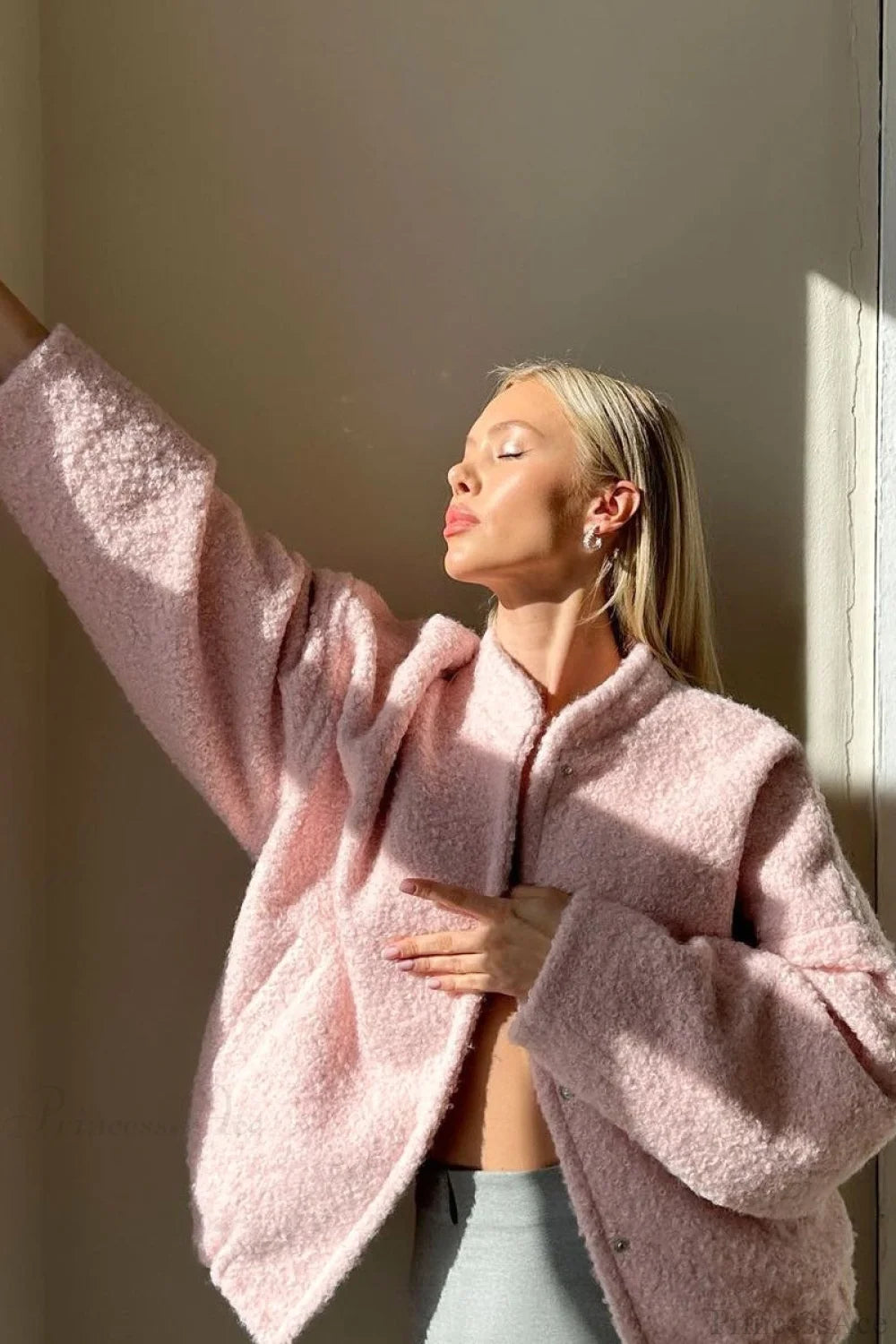 Pink Casual Stand Collar Fleece Jacket