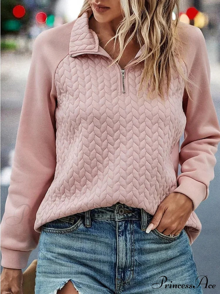 Pink Casual V Quarter Pullover Long Zip Women’s Arm Sweatshirt Neck Top