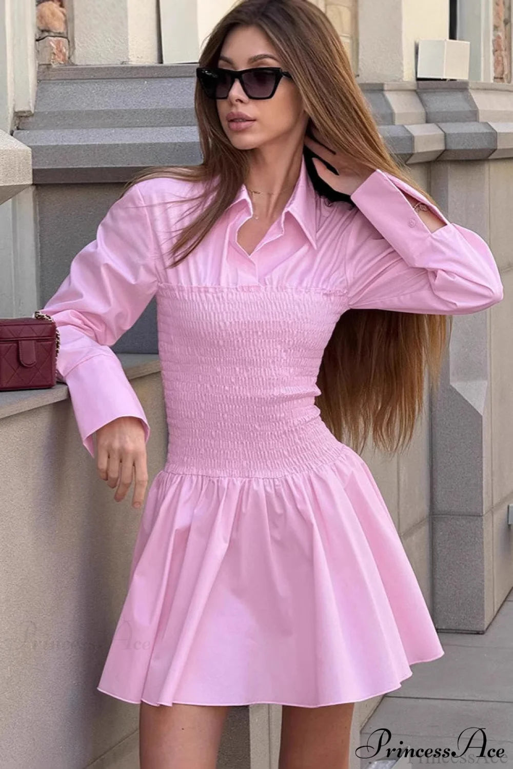 Pink Collared Shirt High Waist Mini Dress Pink / S