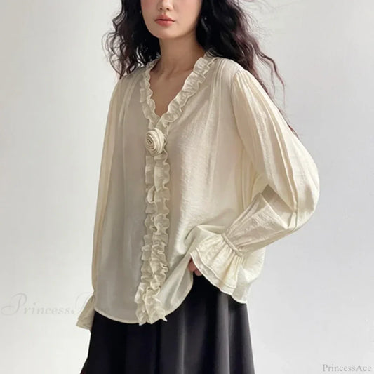 Pink Cotton Rayon Casual Long Sleeve V-Neck Boho Blouse Beige / One Size bohoblouse-250126