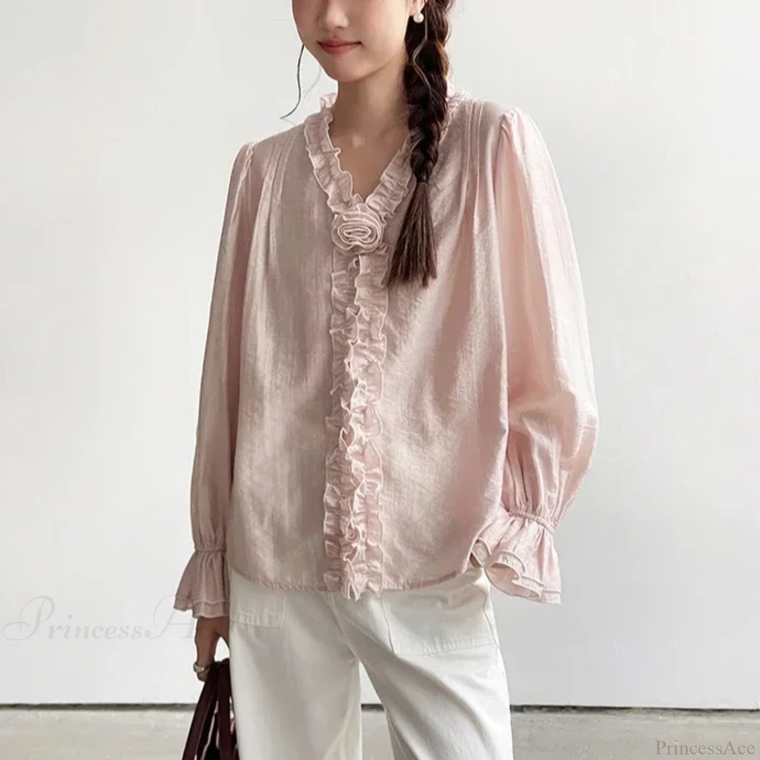 Pink Cotton Rayon Casual Long Sleeve V-Neck Boho Blouse bohoblouse-250126