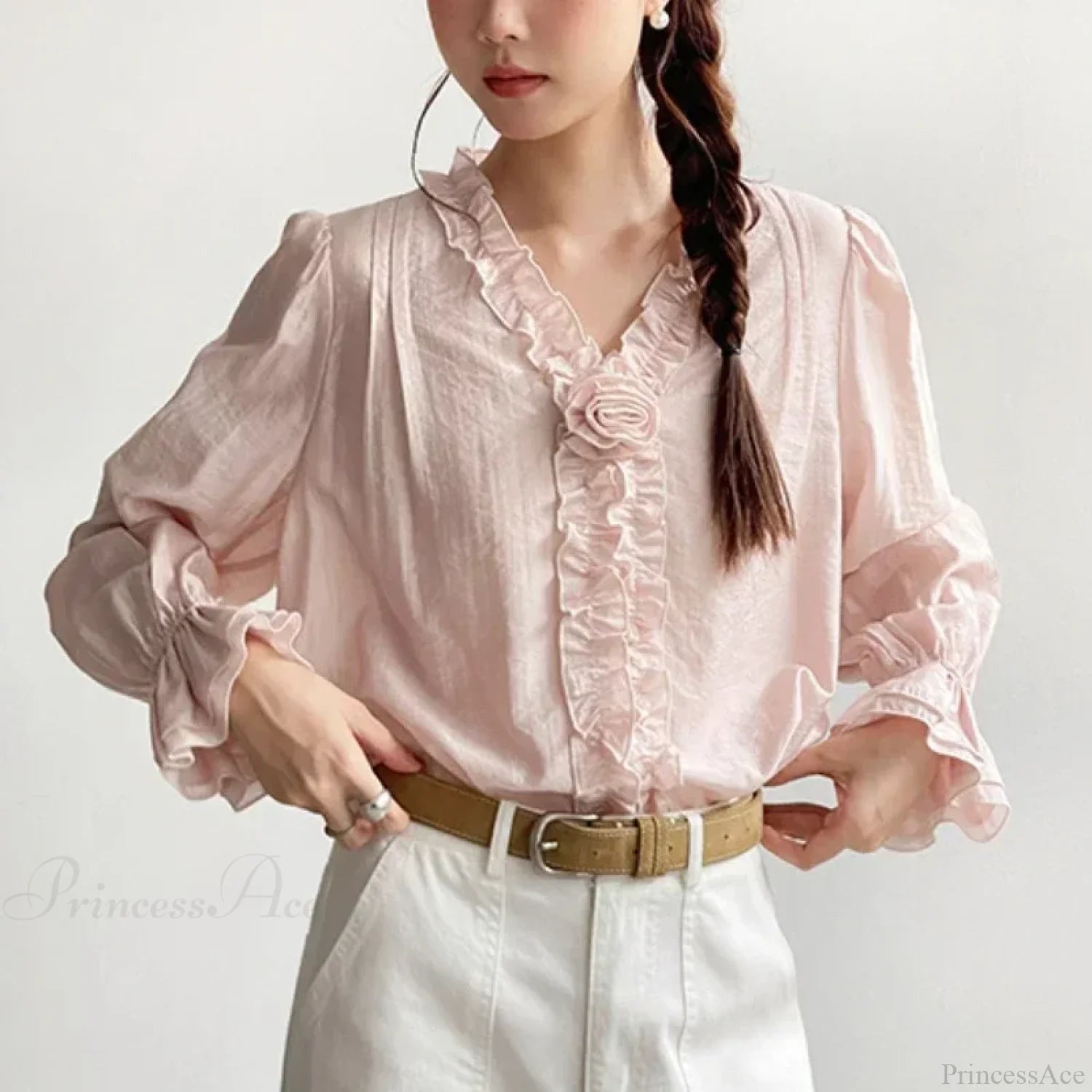 Pink Cotton Rayon Casual Long Sleeve V-Neck Boho Blouse bohoblouse-250126